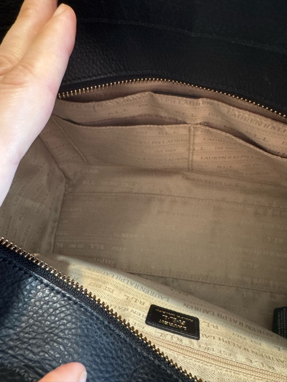 Lauren Ralph Lauren Black and Beige Pebbled Leather Satchel with Gold RL Accent - Picture 11 of 14